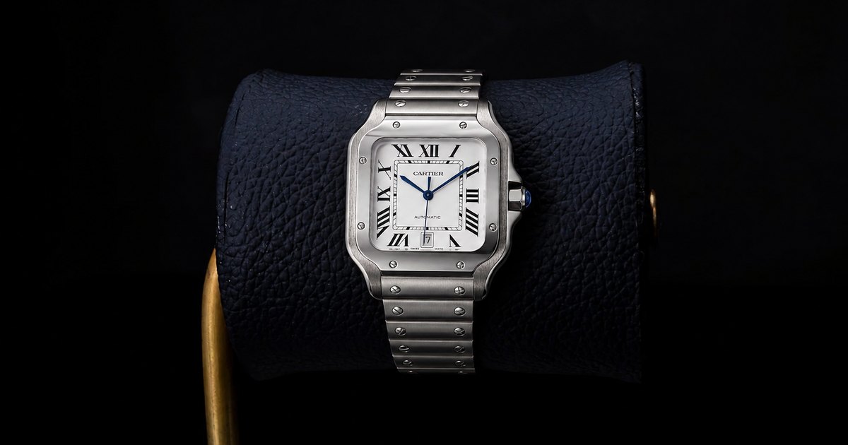 Cartier Santos de Cartier in steel on a black leather watch cushion